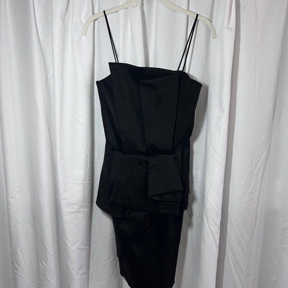 Let's Fashion Black Tiered Peplum Cocktail Dress Spaghetti Strap Sz M  Party - Picture 2 of 9